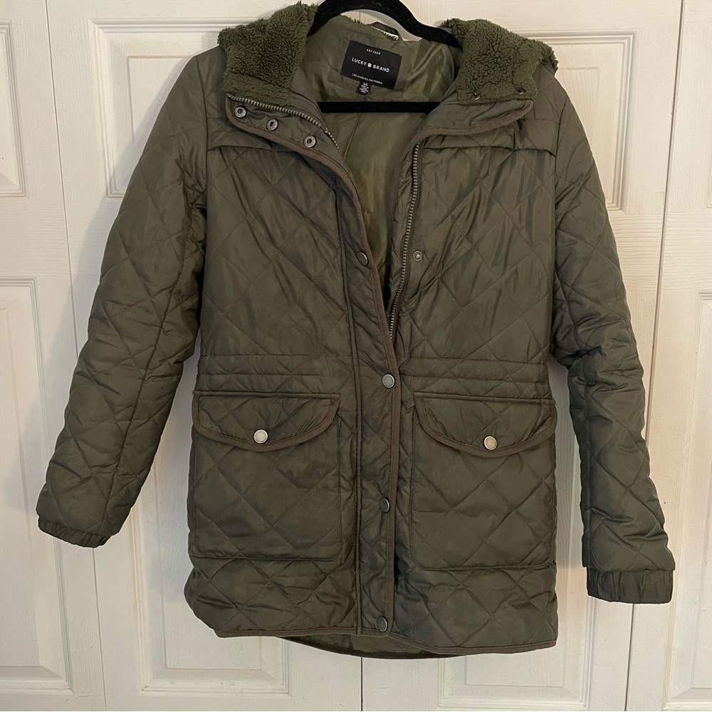 Lucky Brand Khaki Green Quilted Hooded Coat Small